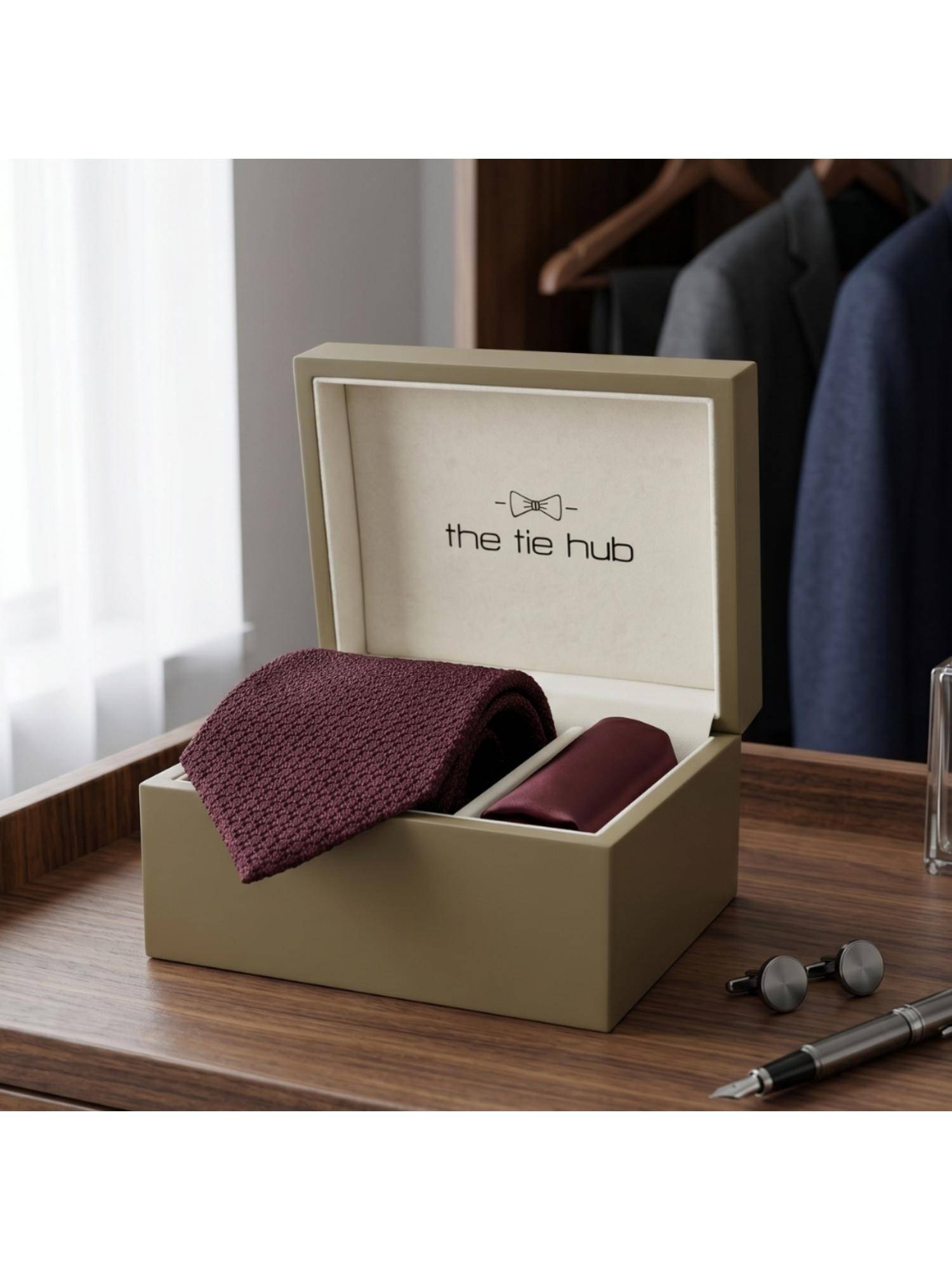 The Tie Hub Burgundy Silk Textured Formal Wear Gift Set For Men