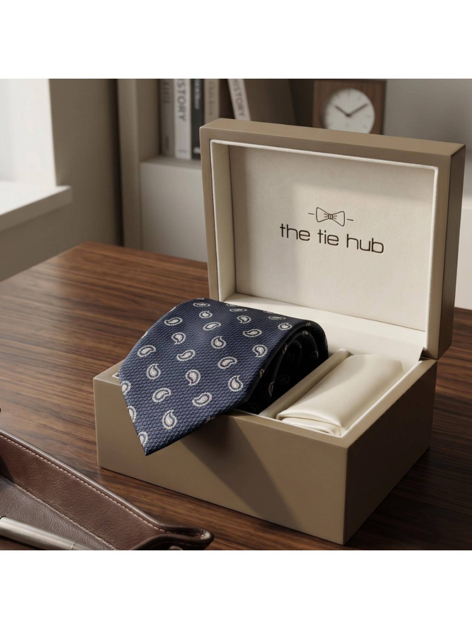 The Tie Hub Navy Blue Silk Paisley Formal Wear Gift Set For Men