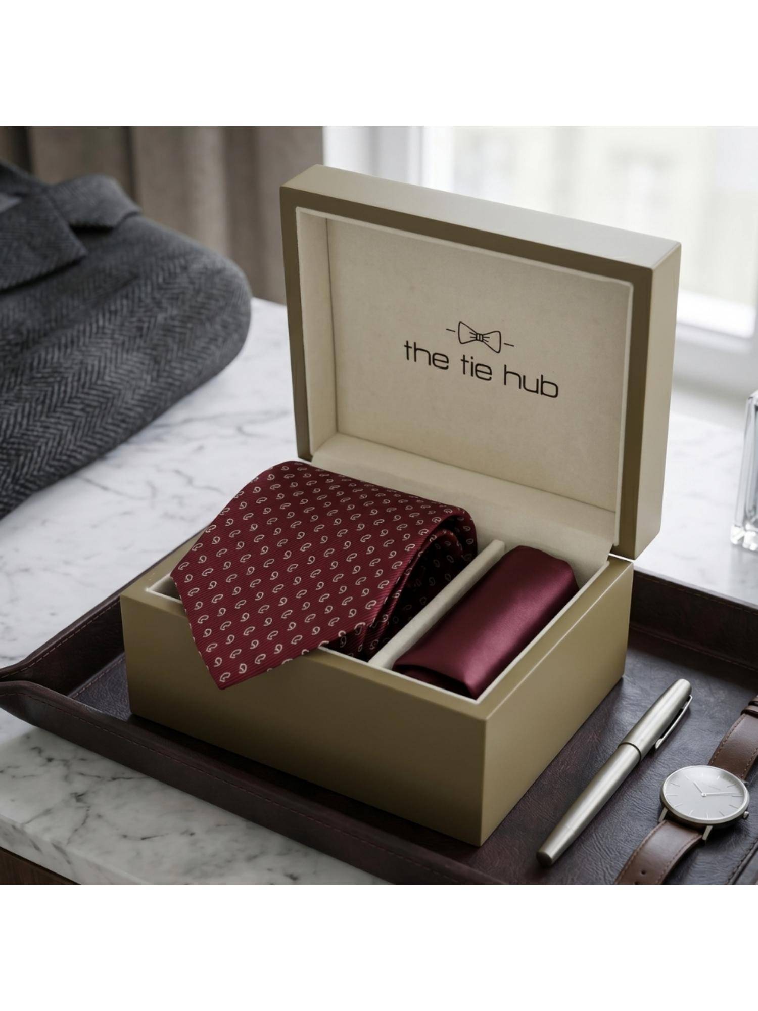 The Tie Hub Burgundy Silk Paisley Formal Wear Gift Set For Men