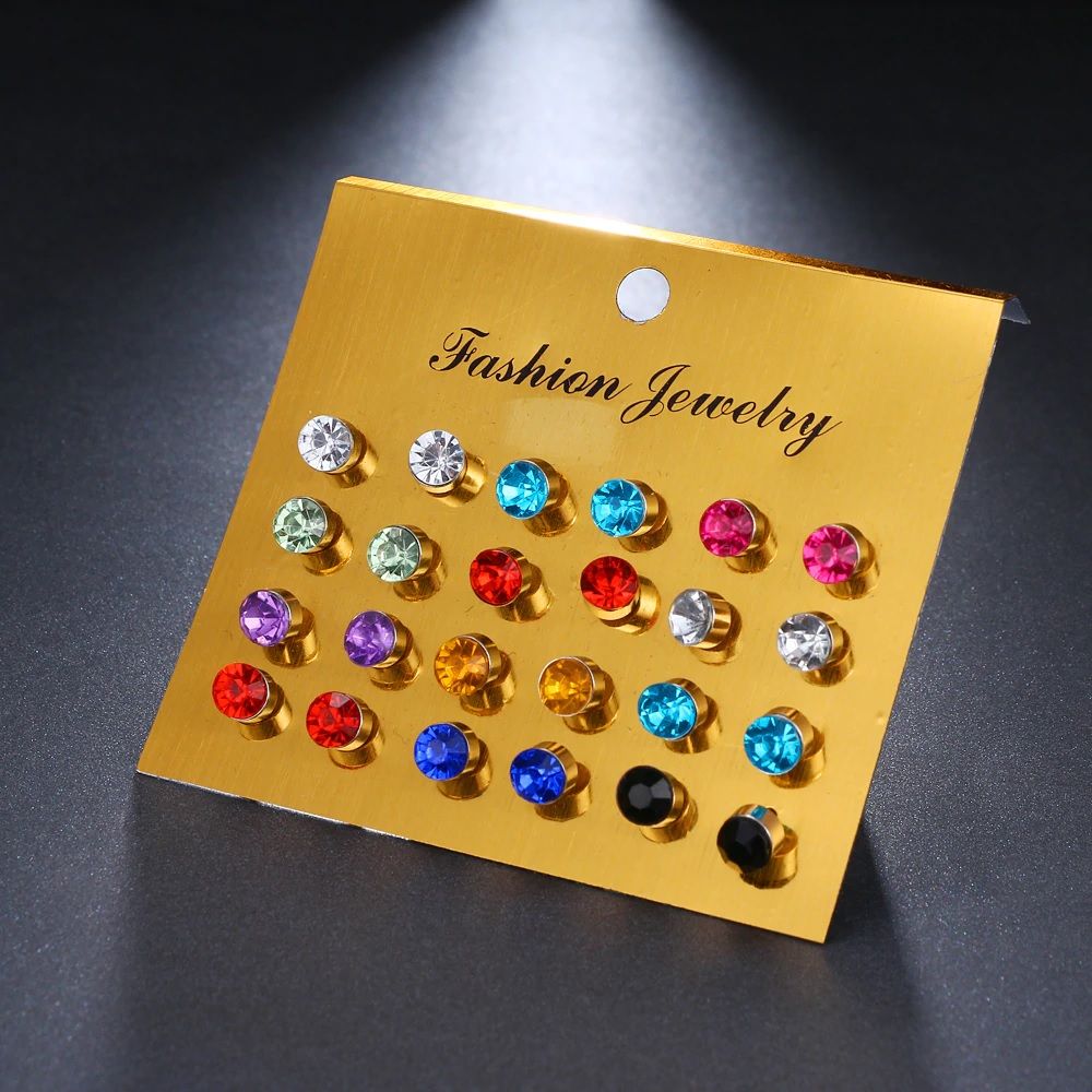 Fabula Jewellery Combo of 12 Gold Tone Multicolor Solitaire Round Cubic Zirconia Ear Stud Earrings