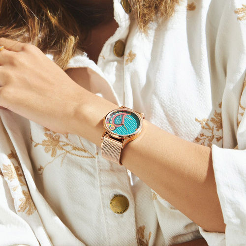 Buy Teal by CHUMBAK Folk Owl Watch with Stainless Steel Mesh Strap