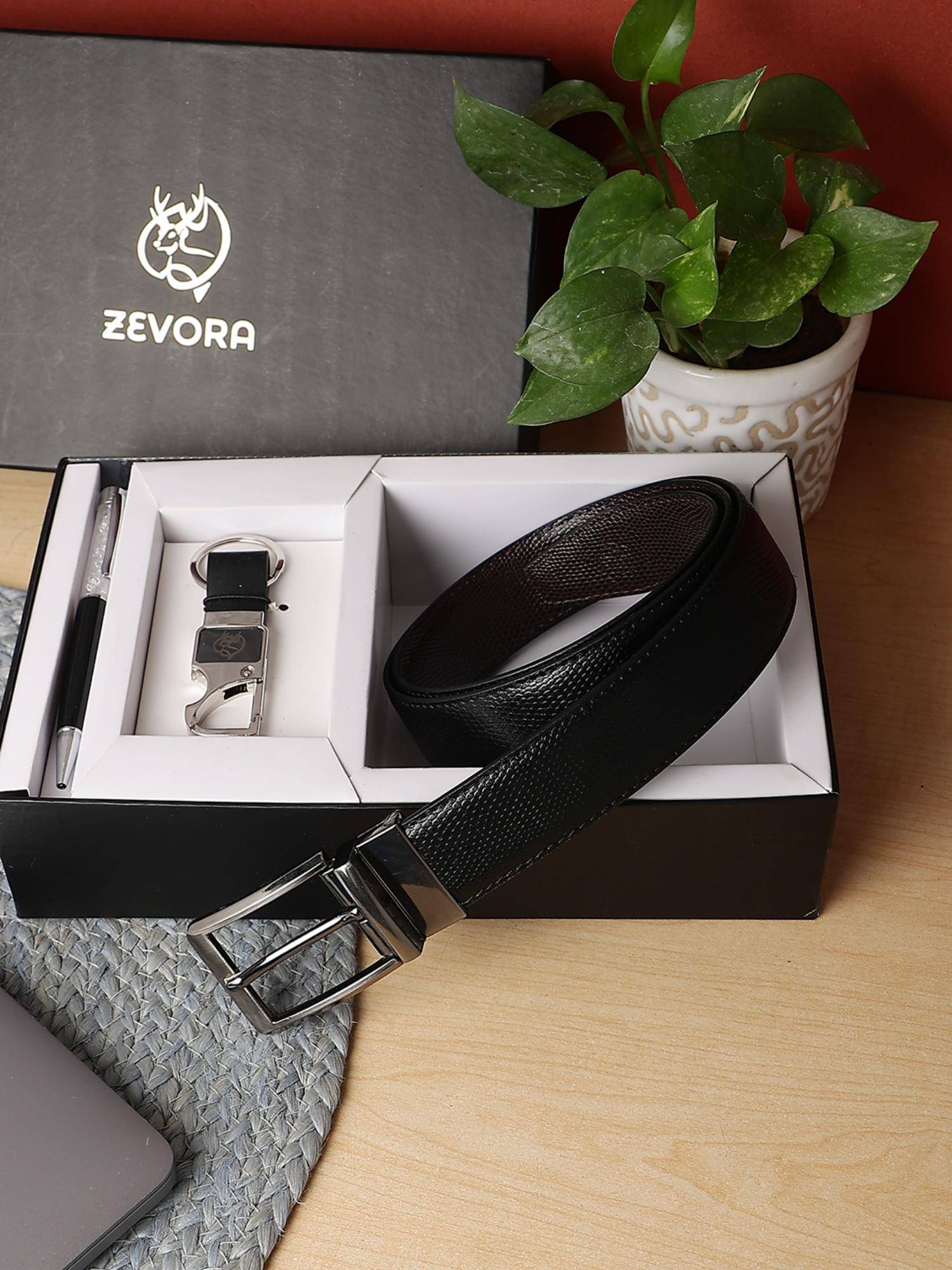 Zevora Buy ZEVORA Men Reversible Belt, Keychain and Pen Gift Set-Black Online