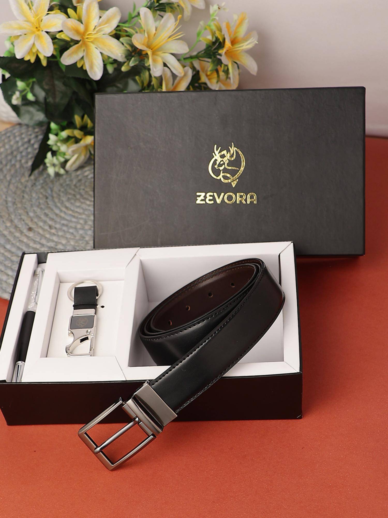 Zevora Buy ZEVORA Men Reversible Belt, Keychain and Pen Gift Set-Black Online