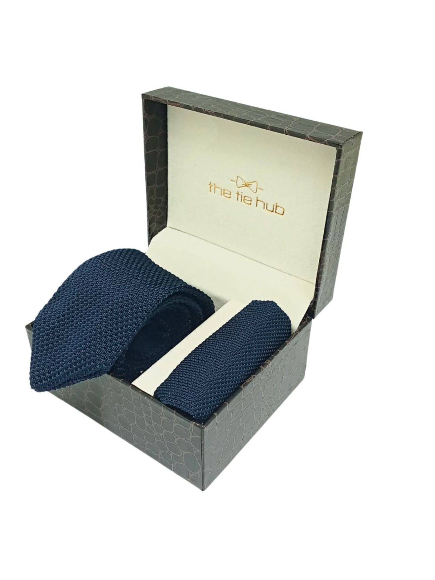 The Tie Hub Textured Navy Blue Knitted Necktie And Pocket Square Gift (Set of 2)