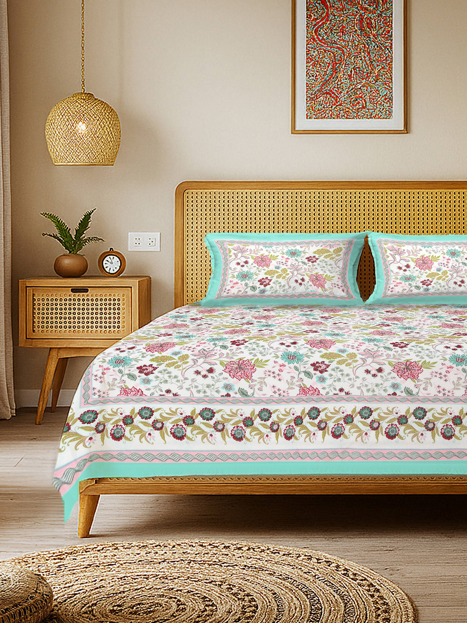 Urban Space Anokhi White Rajasthani Floral Cotton Bedsheet with 2 Pillow Covers (King)