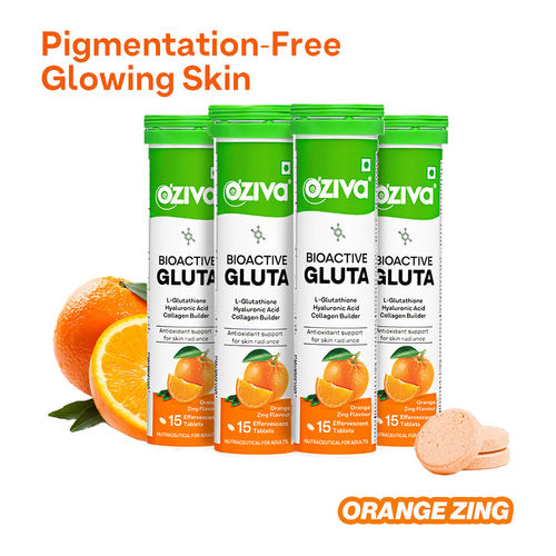 OZiva Bioactive Gluta Fizzy (L-Glutathione), Reduce Cellular Damage on Skin- Orange (Pack of 4)