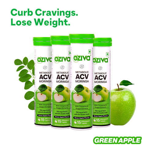 Oziva ACV Moringa To Control Cravings, Apple Cider Vinegar, No Maltodextrin (Green Apple) Pack of 4