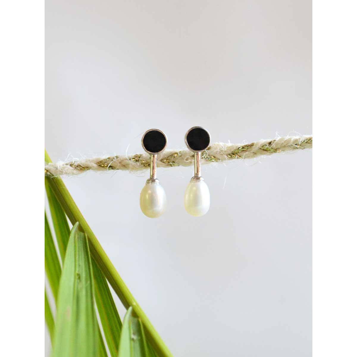 METALM Black Onyex Gemstone Pearl Drop Earrings In 925 Silver