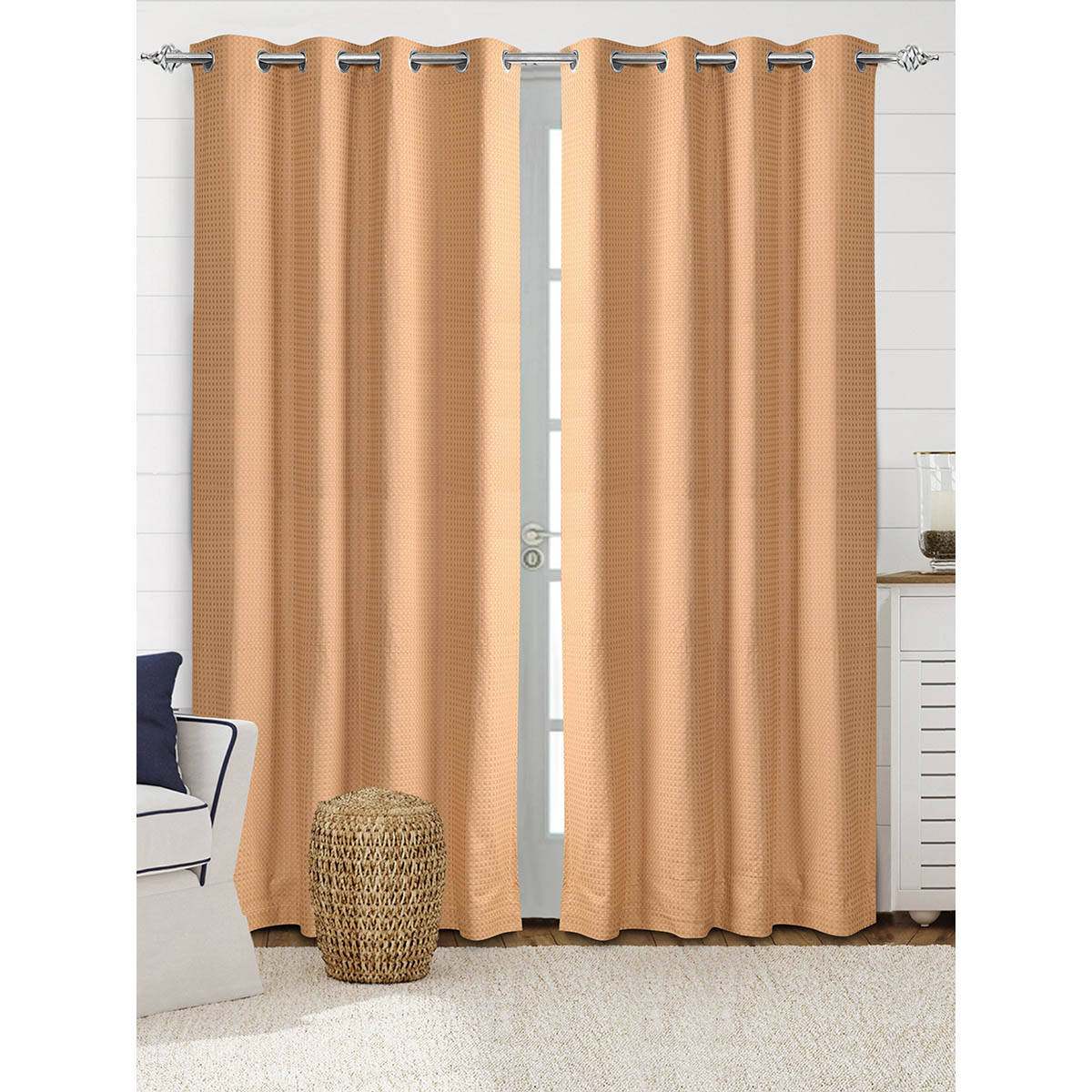 Saral Home Beige Waffle Cotton Room Darkening Curtain (4x7 Feet)