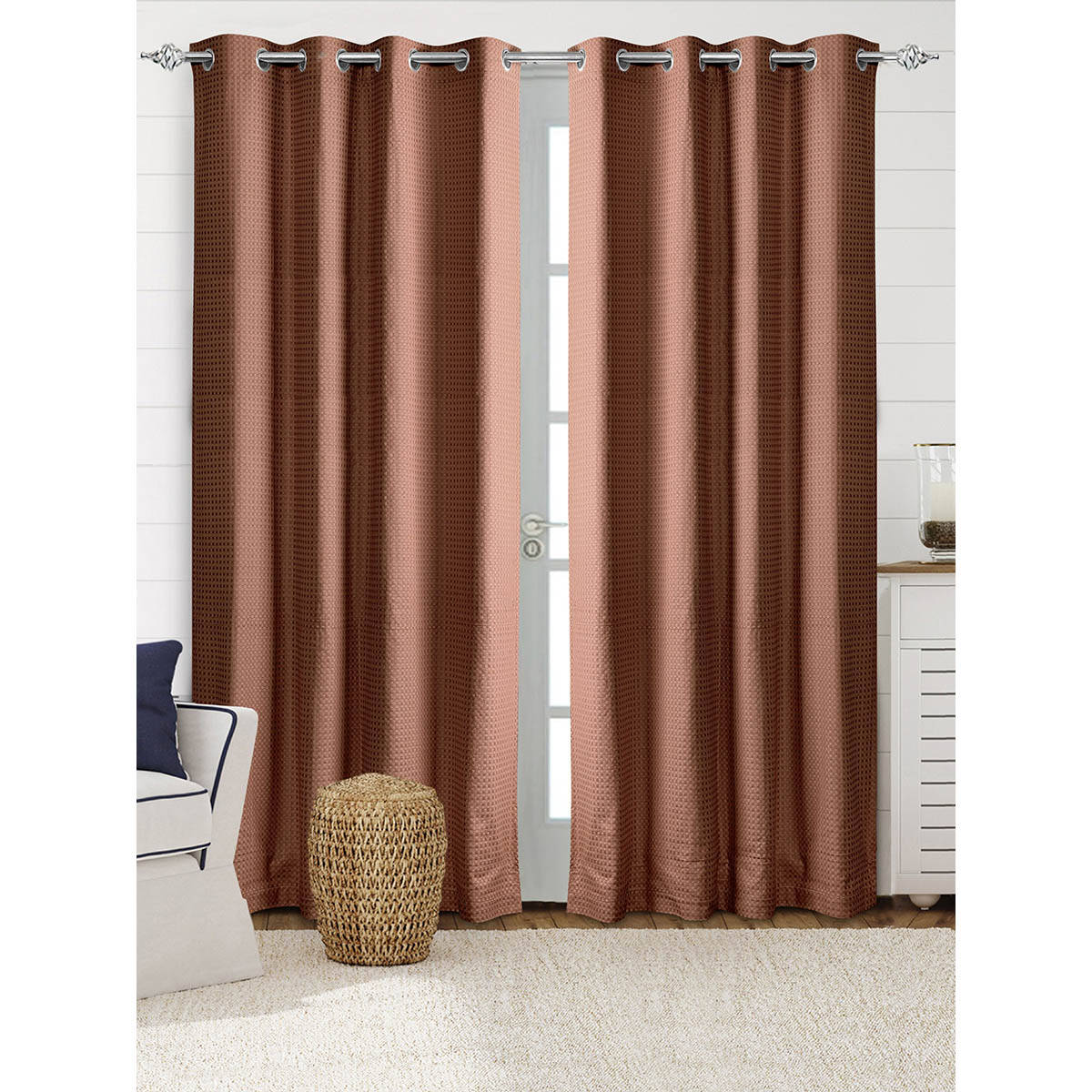 Saral Home Brown Waffle Cotton 100% Blackout Curtains (4X9 Feet)