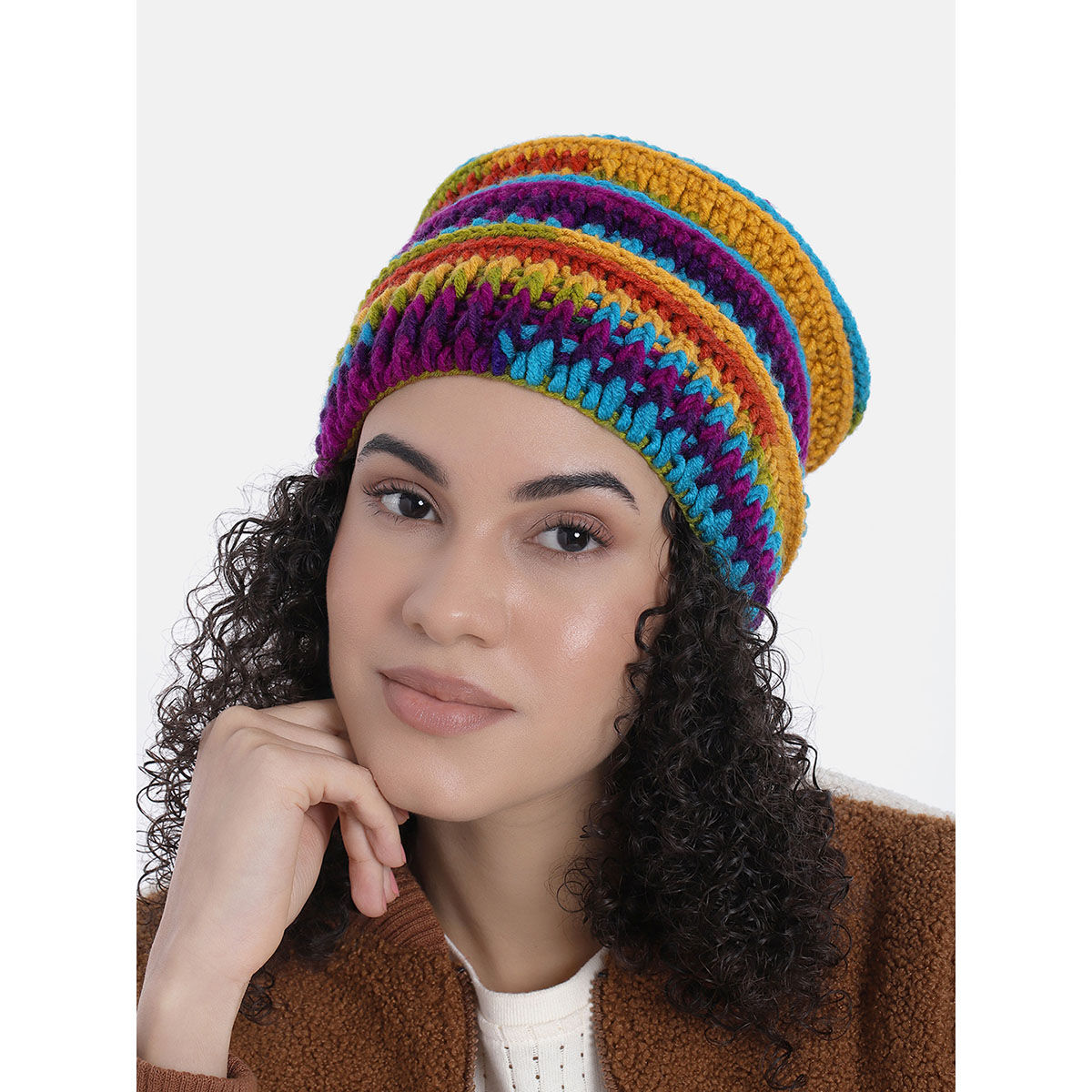 Buy Magic Needles Multi-Color Woven Crochet Beanie Online