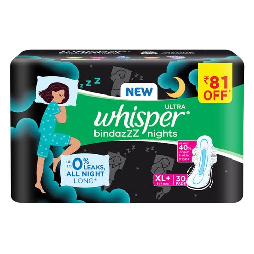 Buy Whisper Bindazzz Night Sanitary Pads, Pack of 7 thin Pads, XL+, upto 0%  Leaks, 40% Longer & Wider back, Dry top sheet, Long lasting coverage, Faster  absorption, 31.7 cm Long