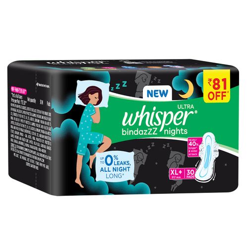 Whisper Bindazzz Night Sanitary Pads, Pack of 30 thin Pads, XL+