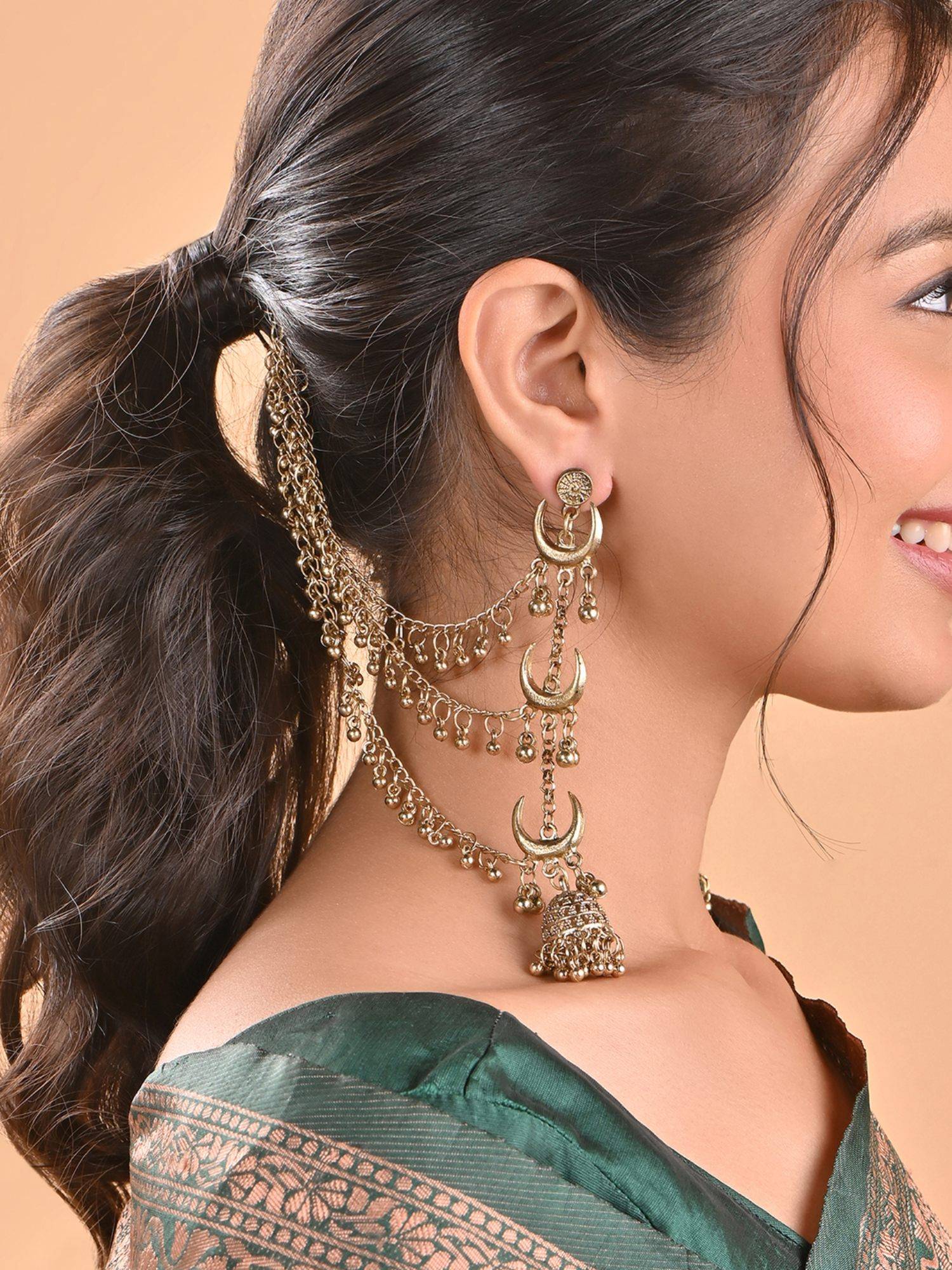 Fida Golden Long Linear Attached Ear Chain Jhumka Earrings