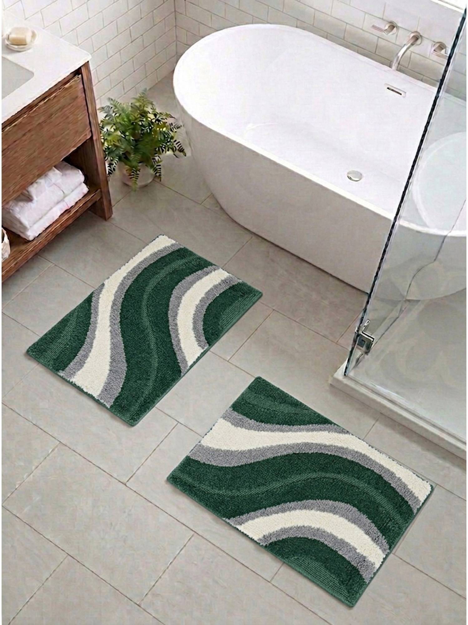 Saral Home Wave Microfiber Antiskid Green Bath Mats (Pack of 2) (S)