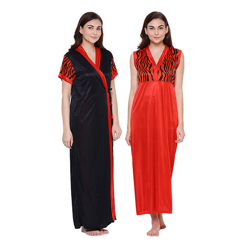 Buy Secret Wish Women Red Printed Satin Nighty With Robe (Free