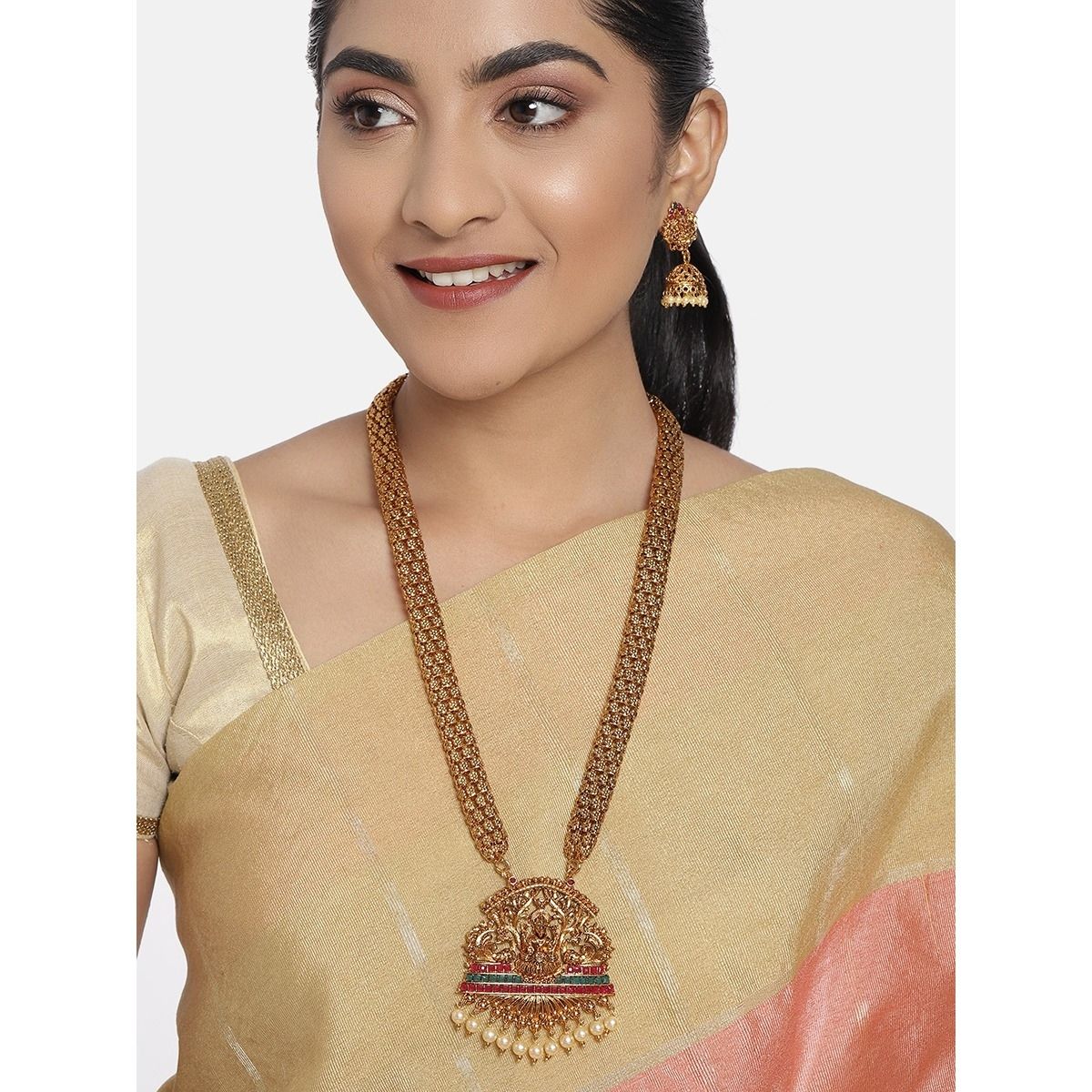 Buy Zaveri Pearls Antique Gold Tone Bridal Collection Long Temple Necklace Earring Set ZPFK10177 Online