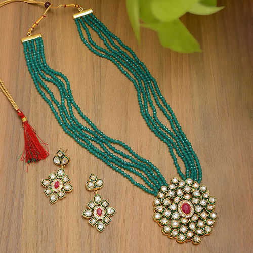 Zaveri Pearls Crystal Shine Multistrand Green Beads Ethnic Kundan Necklace  Earring Set (ZPFK9786)