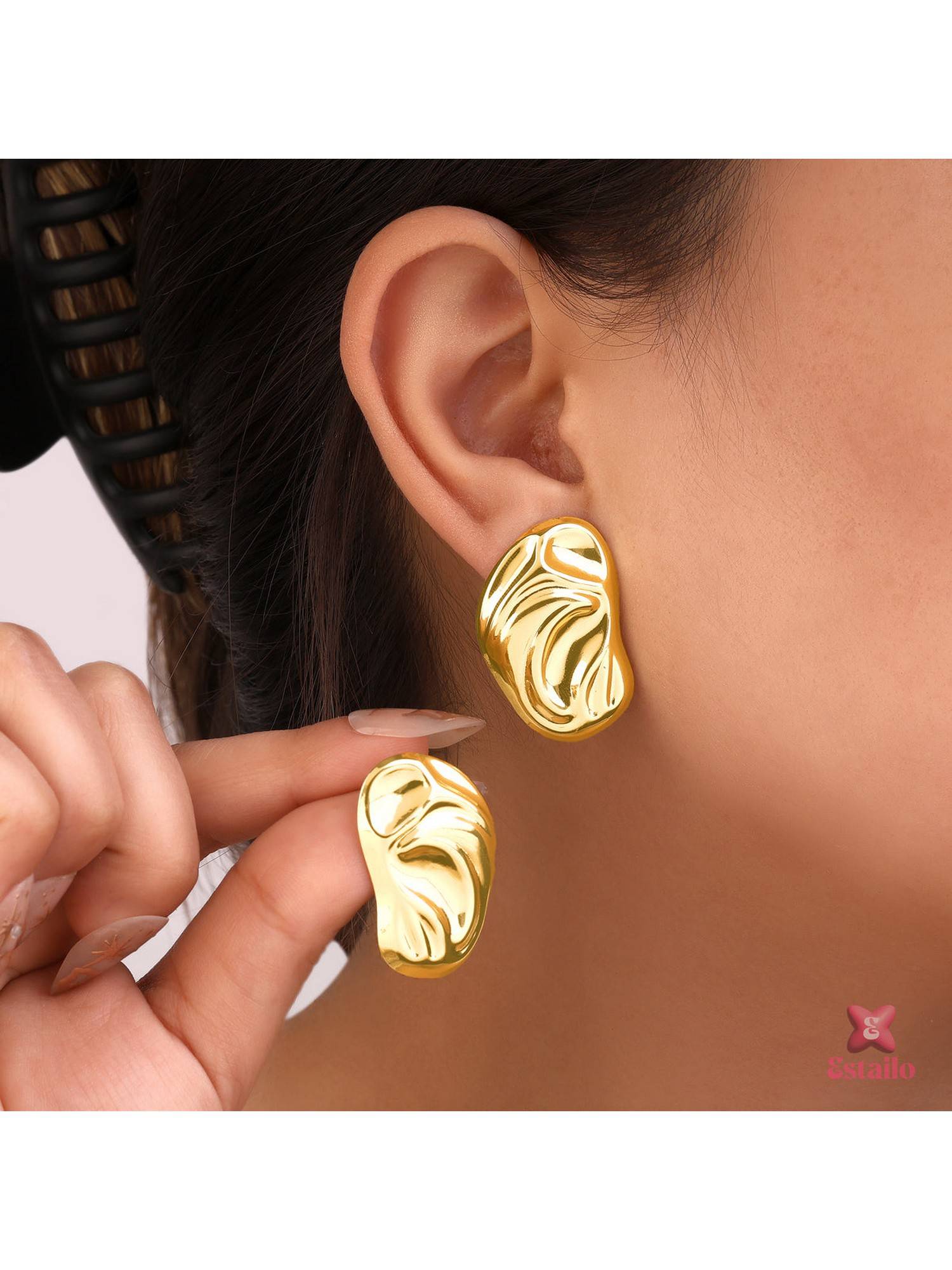ESTAILO FASHION Gilded Pebble Stud Earrings