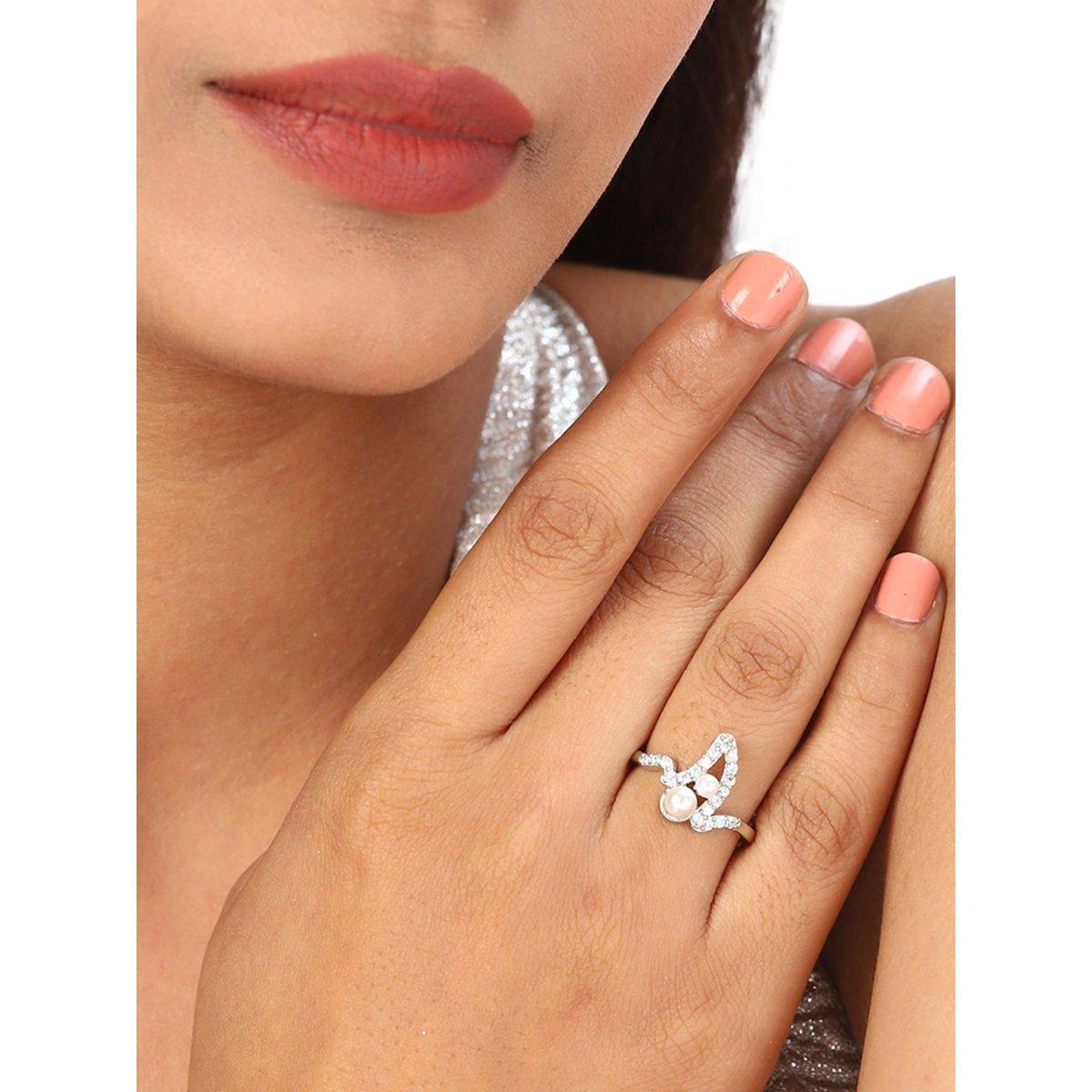Voylla American Diamond CZ White Gold Plated Pearl Brass Ring