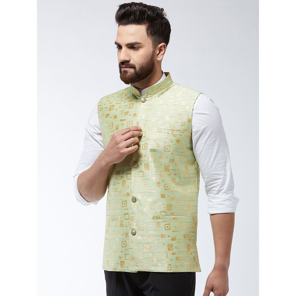 SOJANYA Jacquard Silk Green Designer Nehru Jacket M