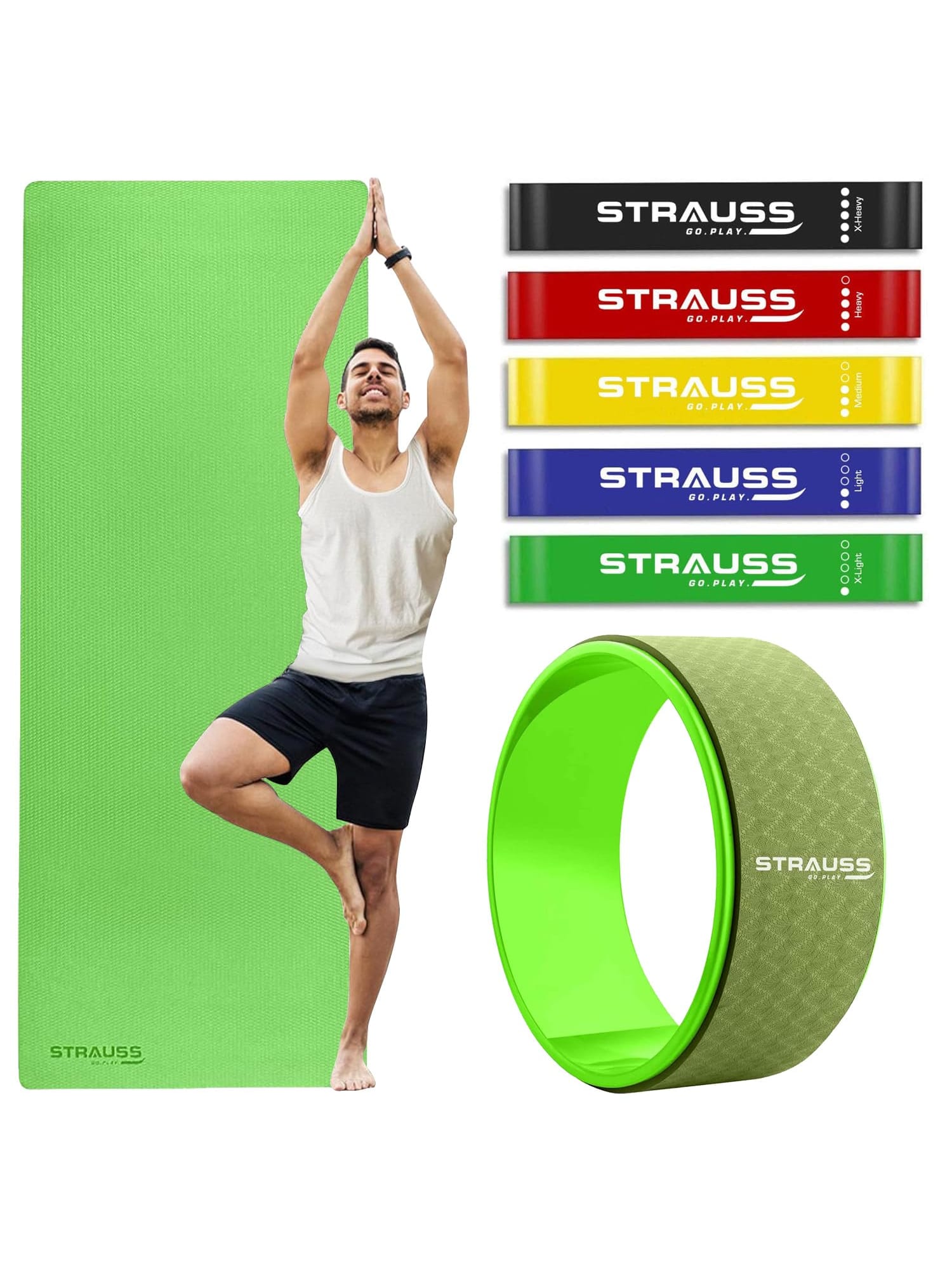 Buy Strauss Set of 3 Exercise Latex Resistance Bands Yoga Wheel Anti Skid Mat with Carry Bag Online