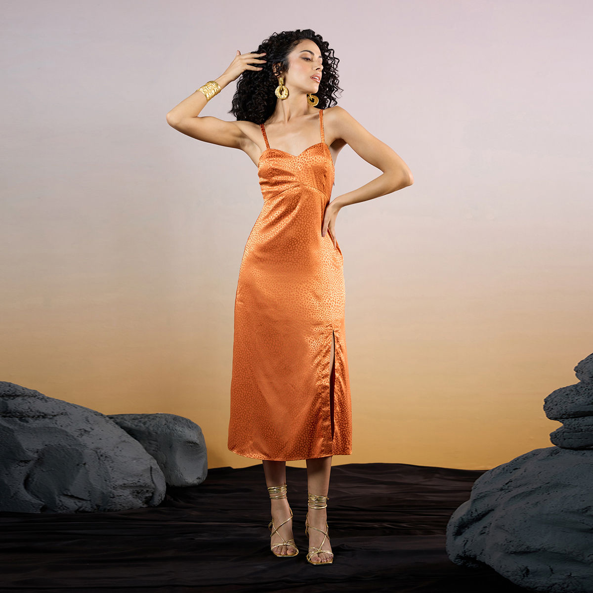 Orange silk shop midi dress