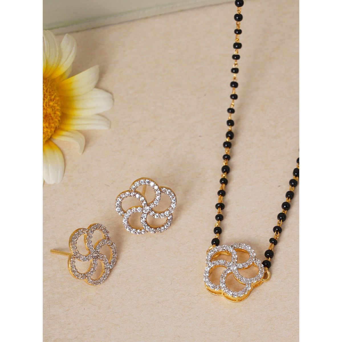 Buy Voylla American Diamond CZ Gold Plated Black Beaded