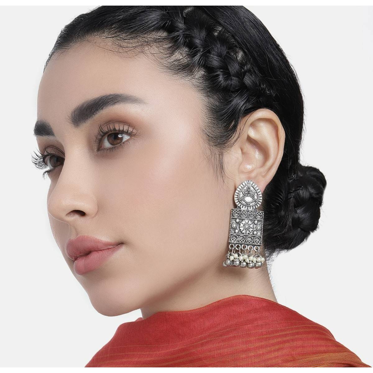 LAIDA Silver Oxidised Ghungroo Drop Earrings