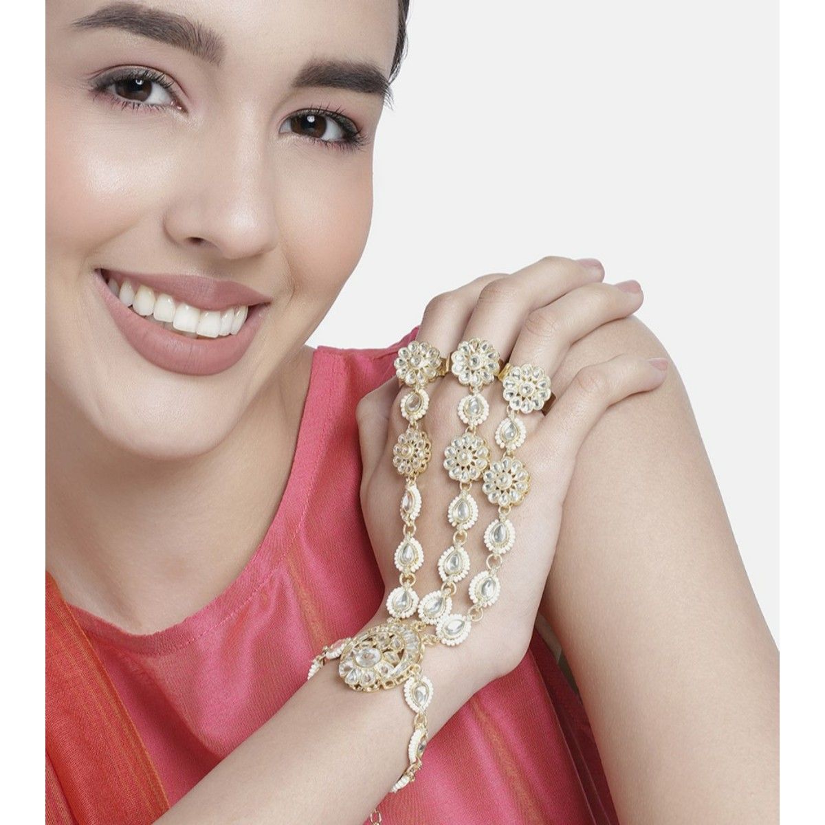 Laida Women Gold-Plated Green Pearls & Kundan Studded Ring Bracelet