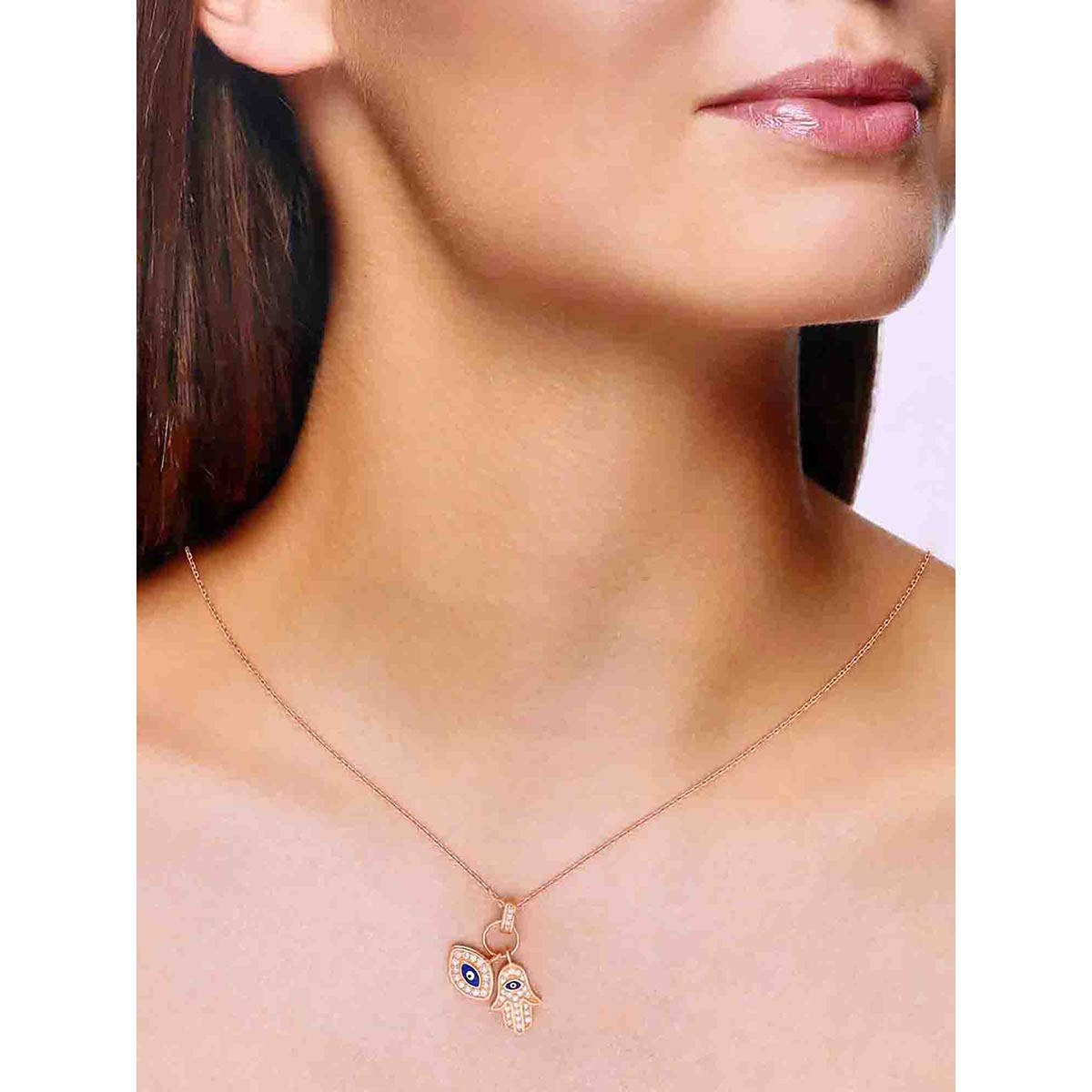 Kai Jewel 92.5 Silver Women Rose Gold Plated Evil Eye Hamsa Pendant Necklace