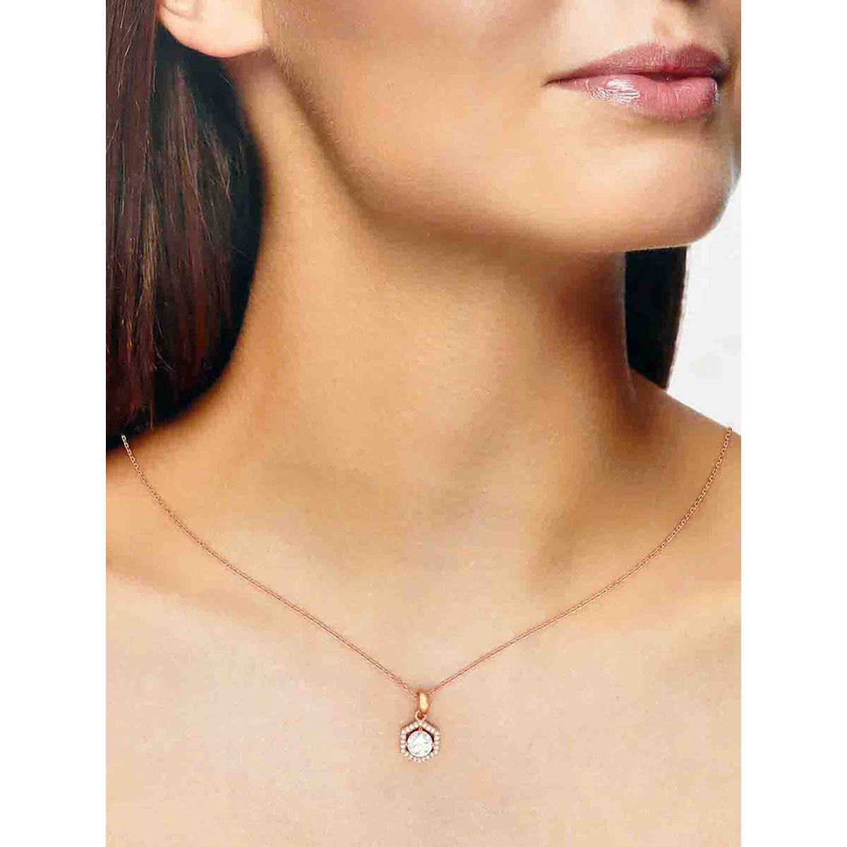 Kai Jewel 92.5 Silver Women Rose Gold Plated Solitaire Pendant Necklace