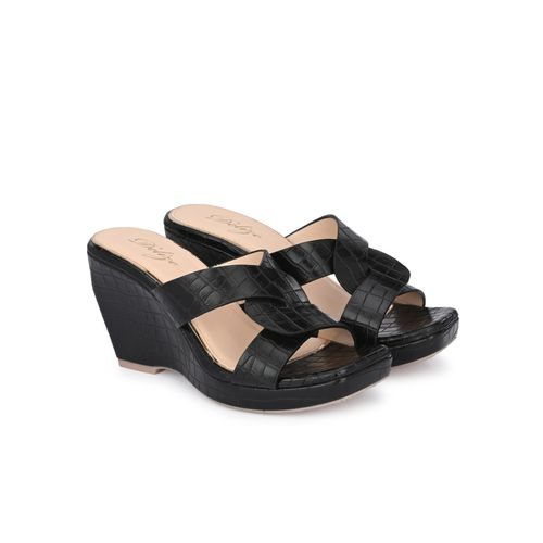 Delize Light Women Black Croco Print Vegan Leather Cross Strap Wedge Heel  Sandals (UK 3)