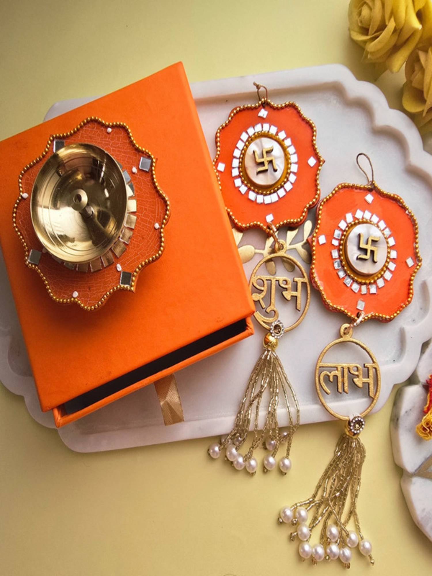 Homearte Brass Diya with Orange Mdf Door Hangings & Gift Box Traditional Diya