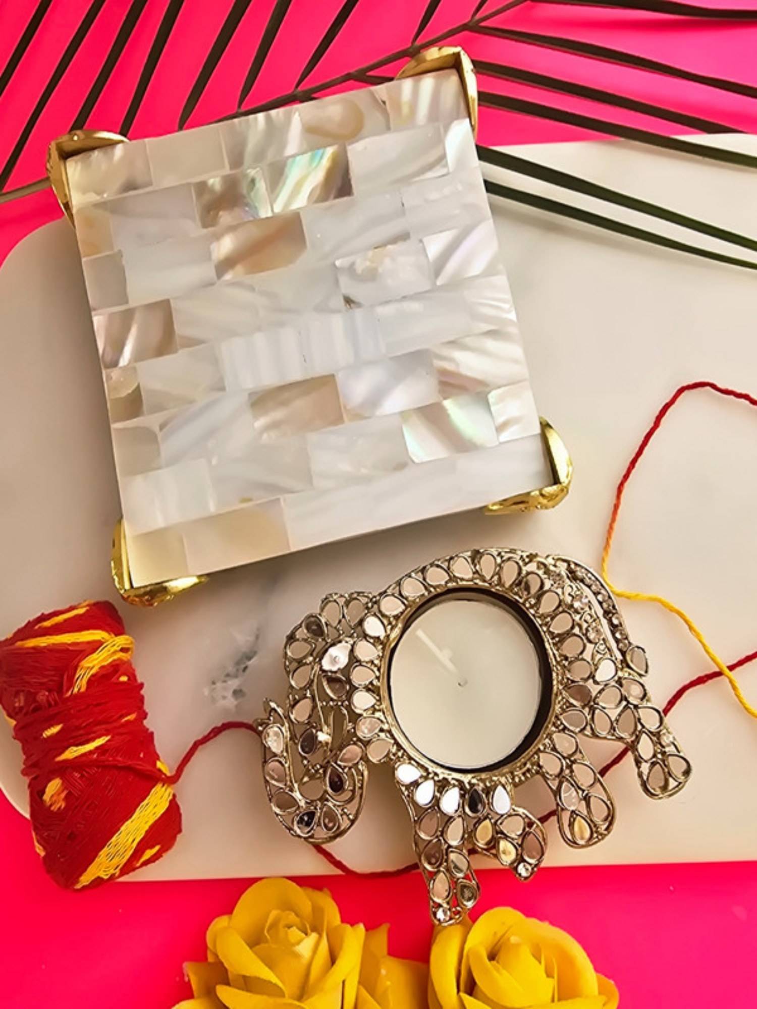 Homearte Metal Elephant Shape Diya with White Mop Pooja Platter with Box Traditional Diya