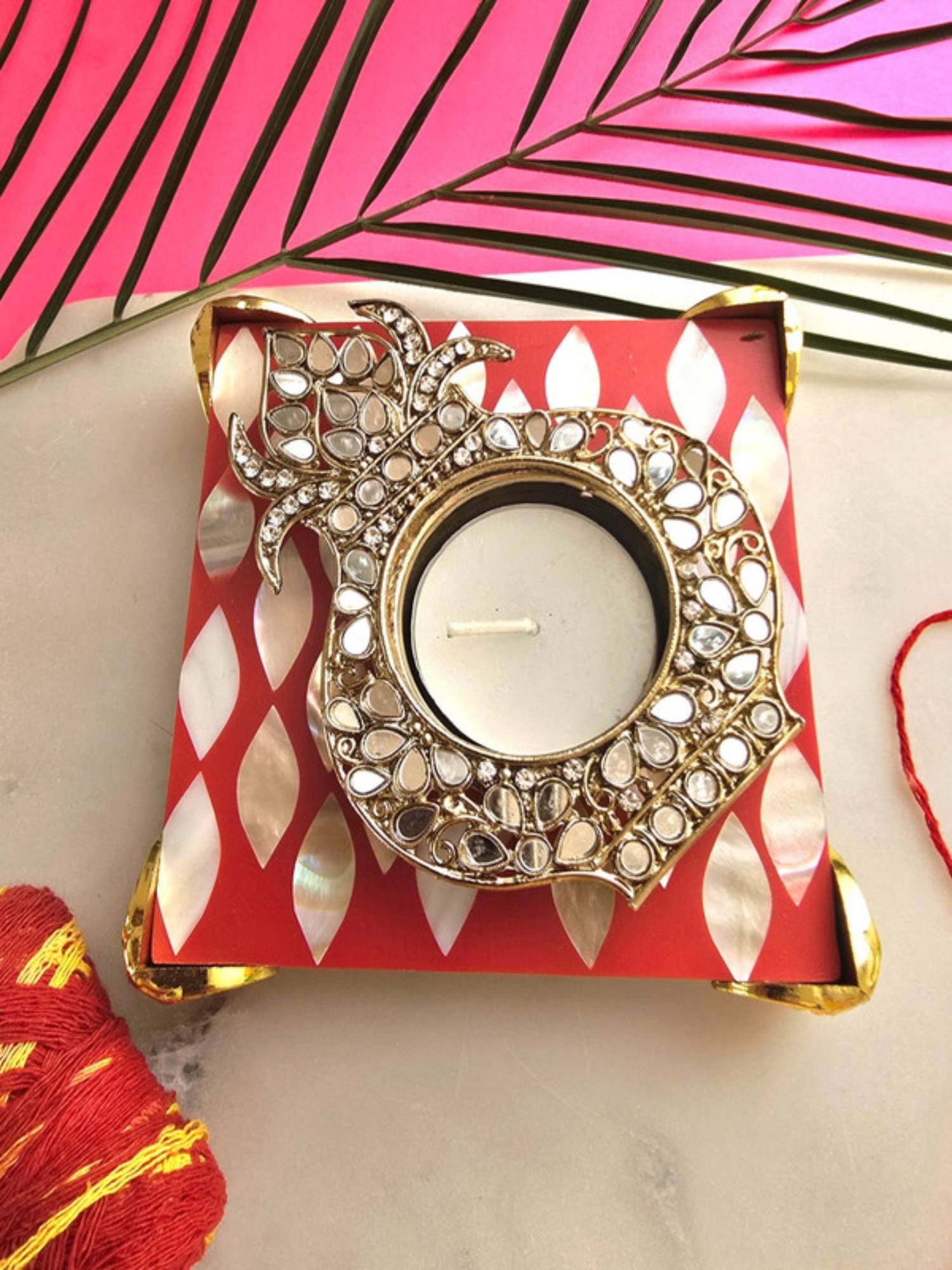 Homearte Metal Kalash Shape Diya with Red Mop Pooja Platter with Box Traditional Diya