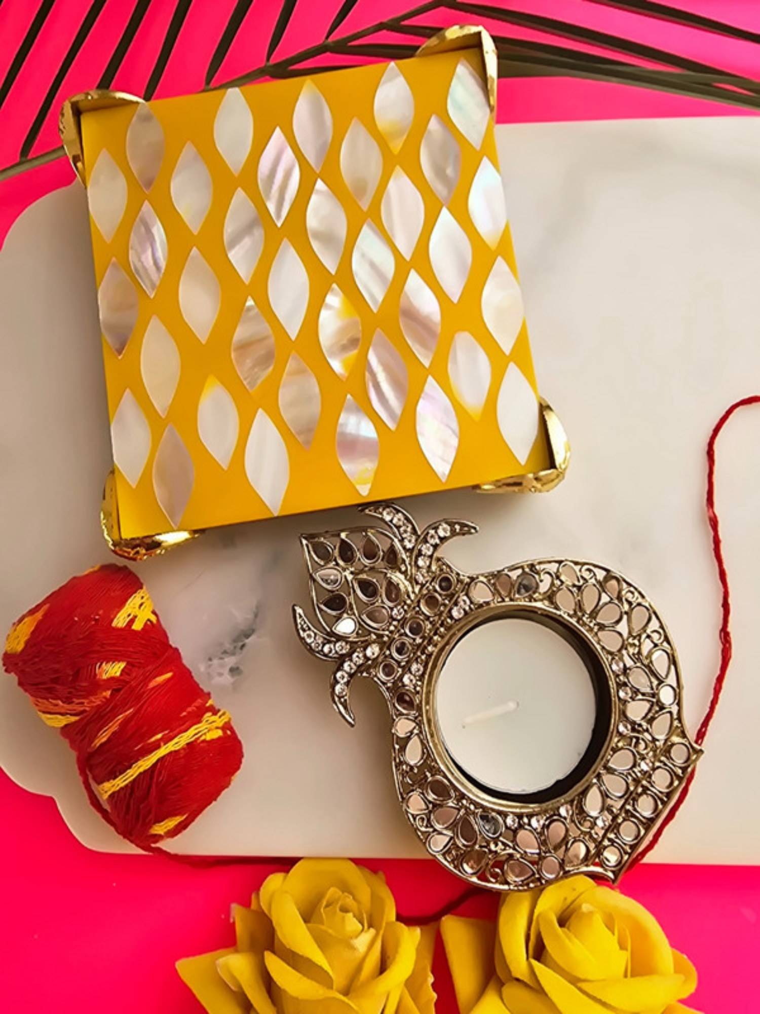 Homearte Metal Kalash Shap Diya with Yellow Mop Pooja Platter with Box Traditional Diya