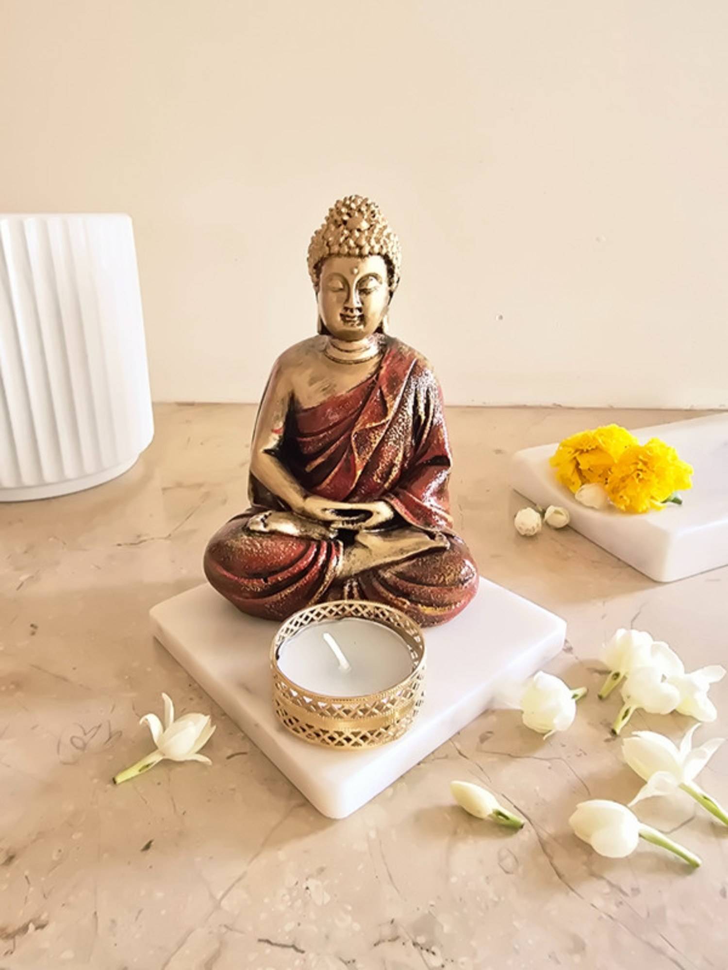 Homearte Brown Meditating Buddha Idol with Tealight Candle Holder