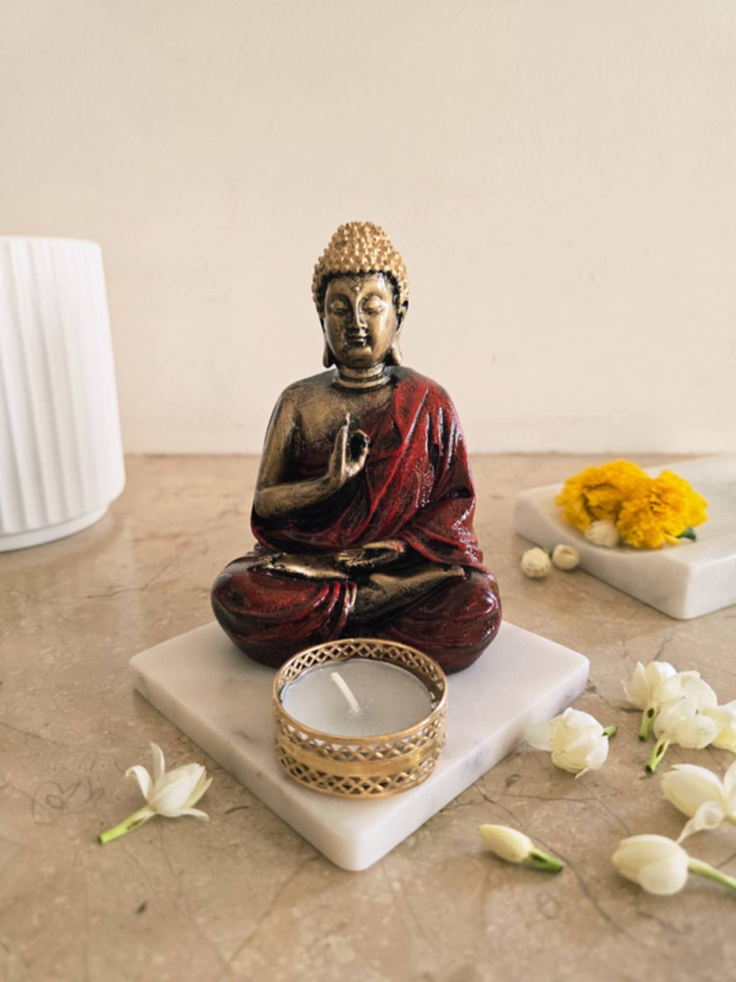 Homearte Red Meditating Buddha Idol with Tealight Candle Holder