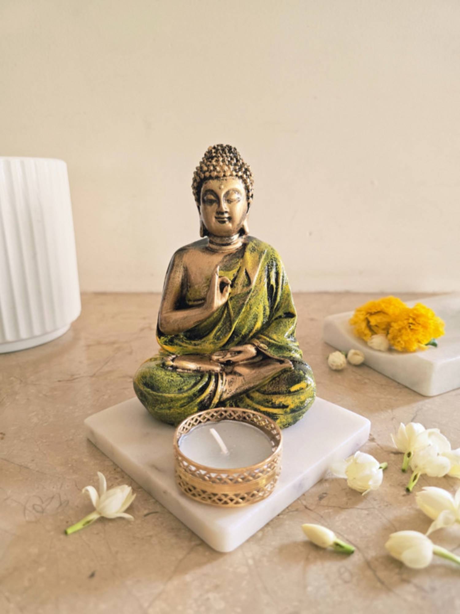 Homearte Light Green Meditating Buddha Idol with Tealight Candle Holder
