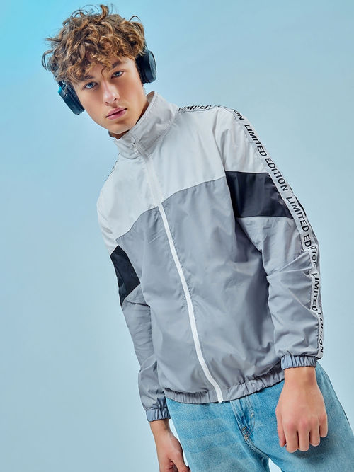 Bewakoof Air Men's White Grey Color Block Windcheater Jacket
