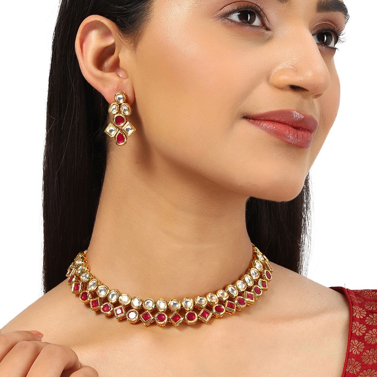 Buy Voylla Kundan Gold Plated Brass Jewellery Set Online