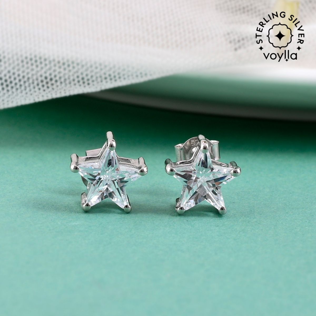 Buy Voylla 925 Sterling CZ White Stone Star Shaped Stud Earrings Online