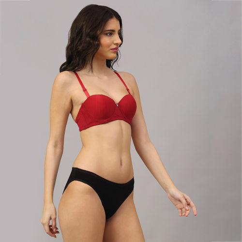 Buy PrettyCat Strapless Pushup Striped Bra Panty Set - Red Online