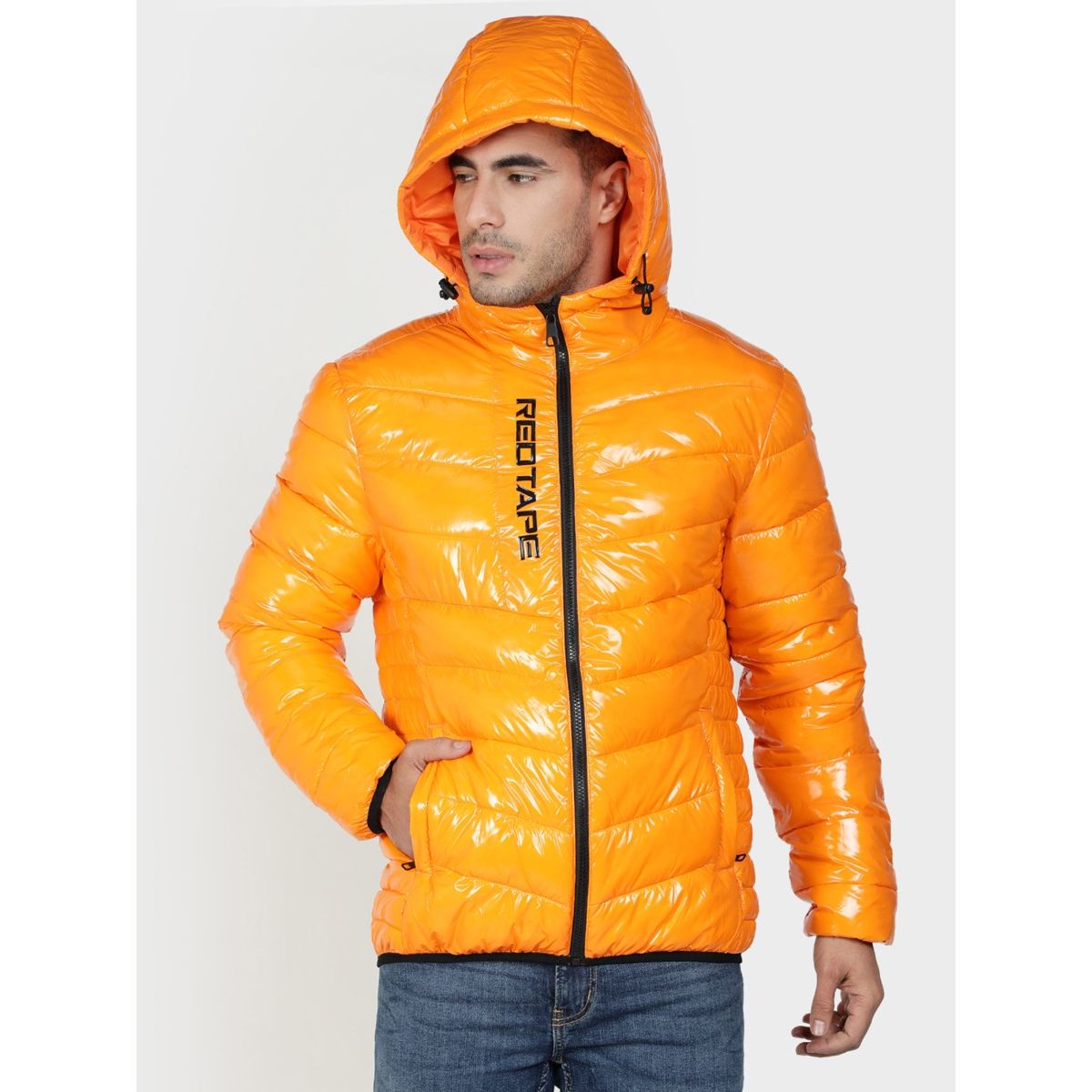 Buy Red Tape Glossy Orange Hooded Jacket Online