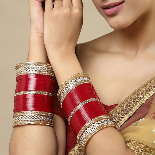 PANASH Red Gold-Plated AD Matching Bangles Wedding Chuda (Set of 36)