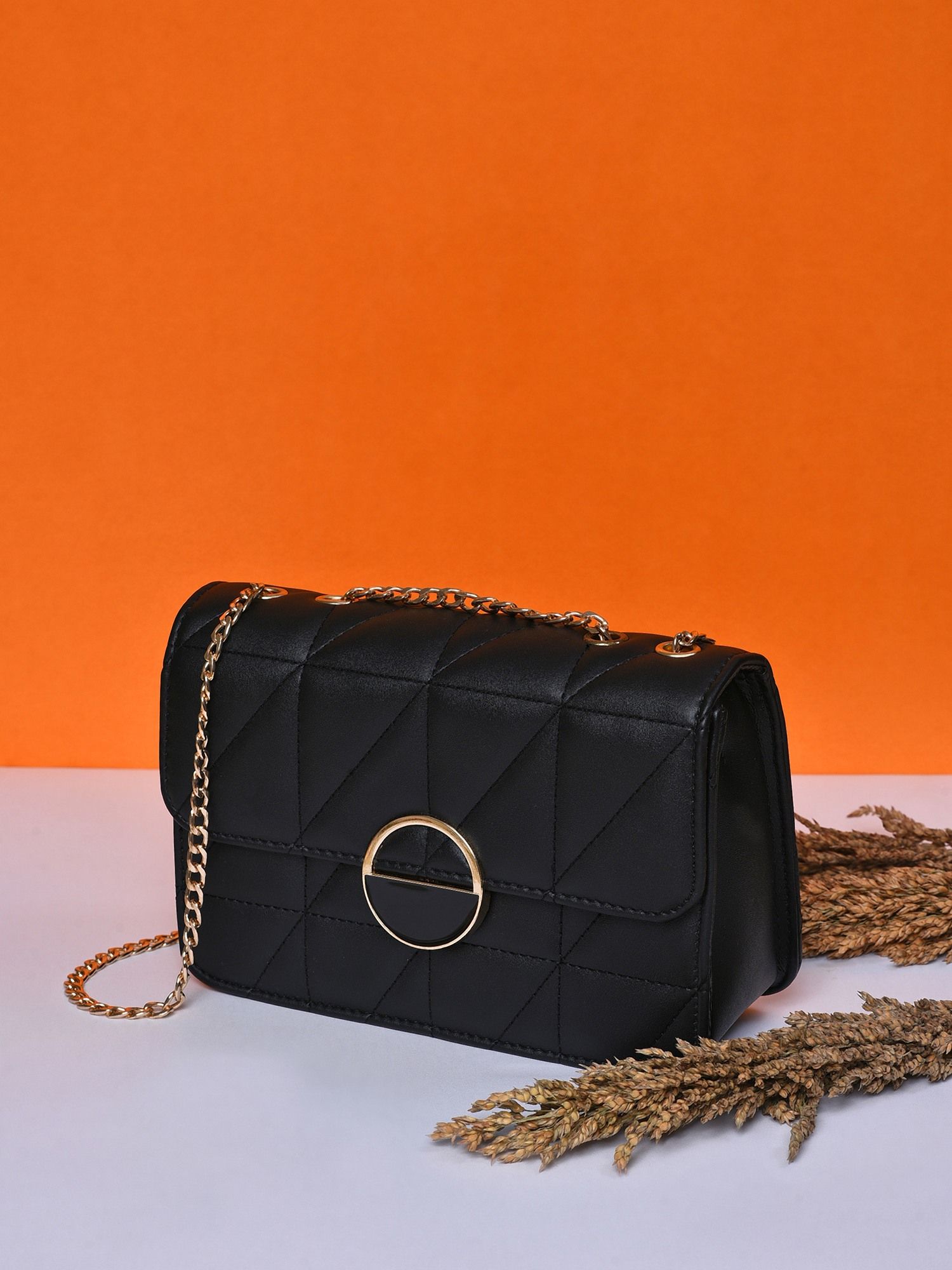 Buy Haute Sauce Black Textured Structured Sling Bag with Chain