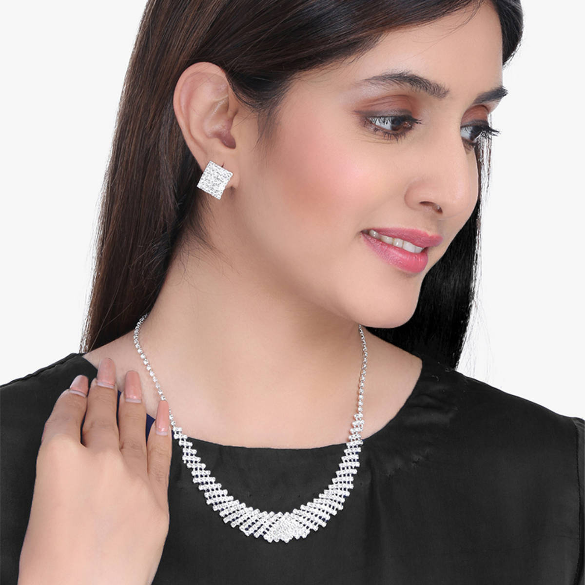Yellow Chimes Silver-Toned White Crystal-Studded Jewellery Set
