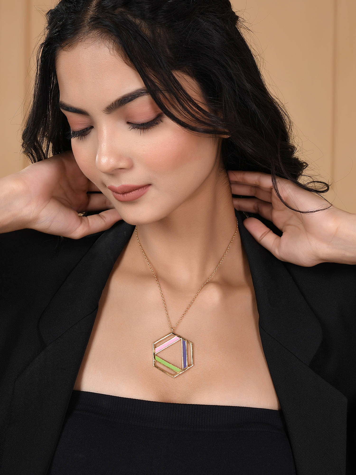 Voylla Benzene Enamelled Large Pendant Long Necklace