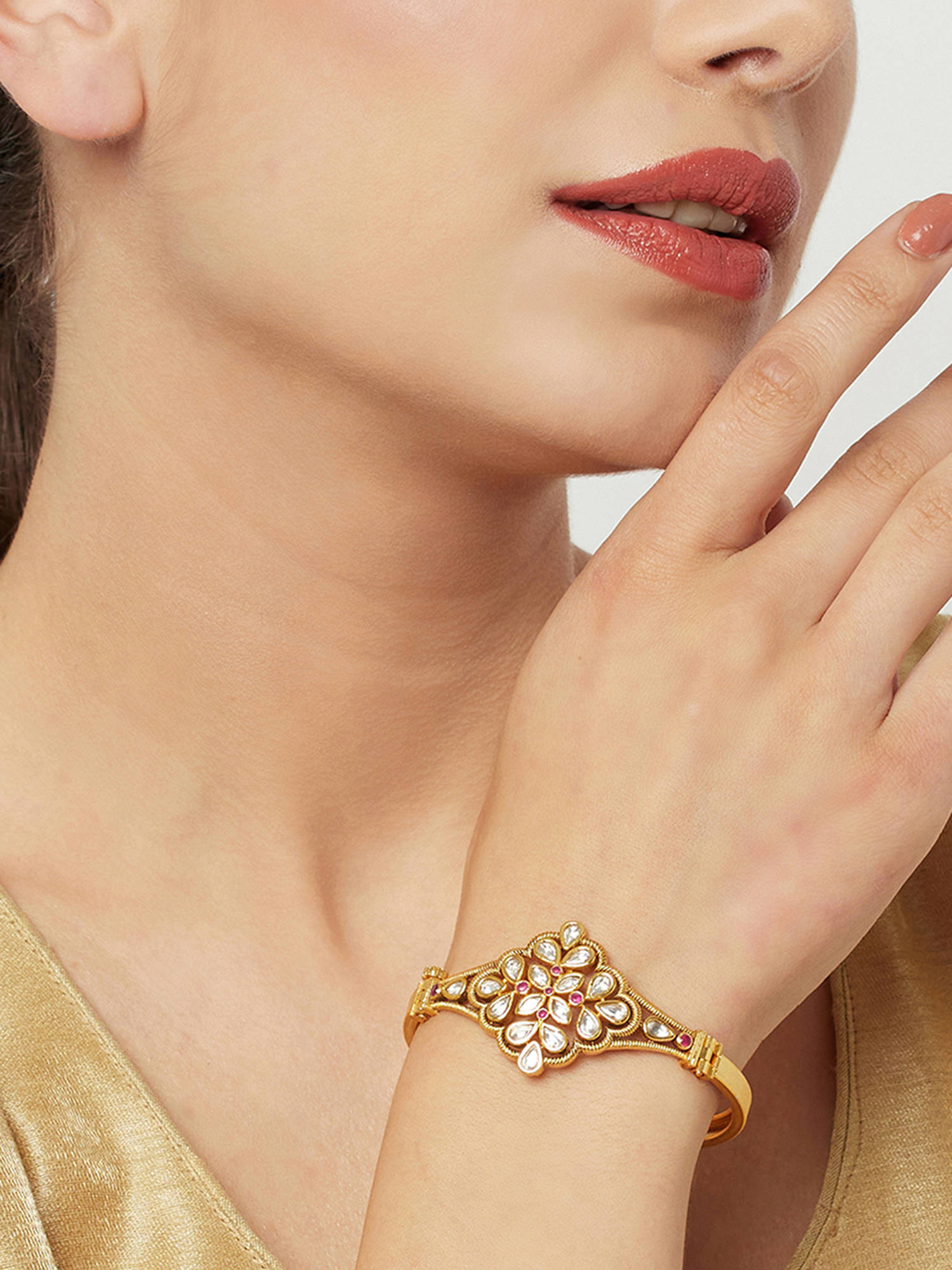 Voylla Ethnic Style Kundan Embellished Gold Plated Cuff Bangle